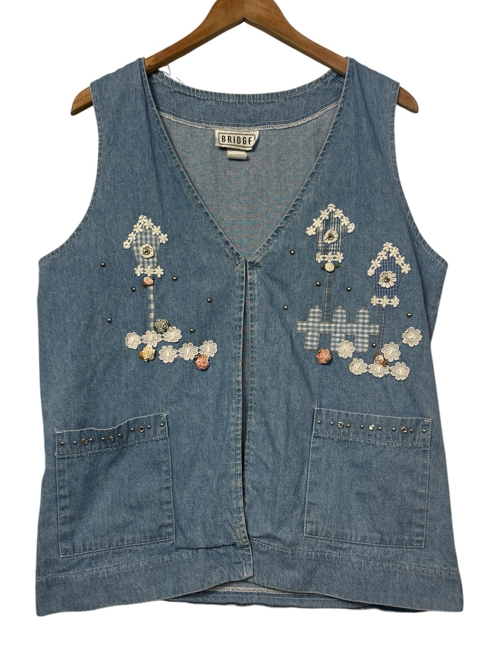 Vtg Bridge Birdhouse Embroidered Denim Vest XL Blue Grandmacore Folk Whimsy